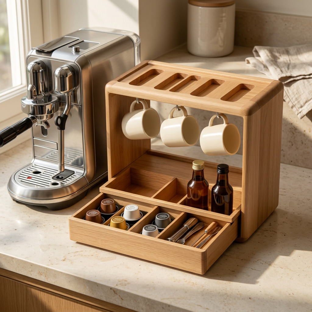 Coffee organizer in a morning kitchen setting