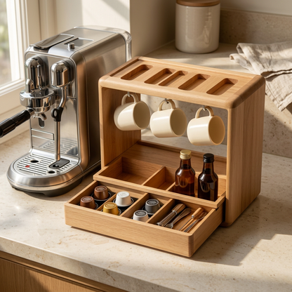 Coffee organizer in a morning kitchen setting