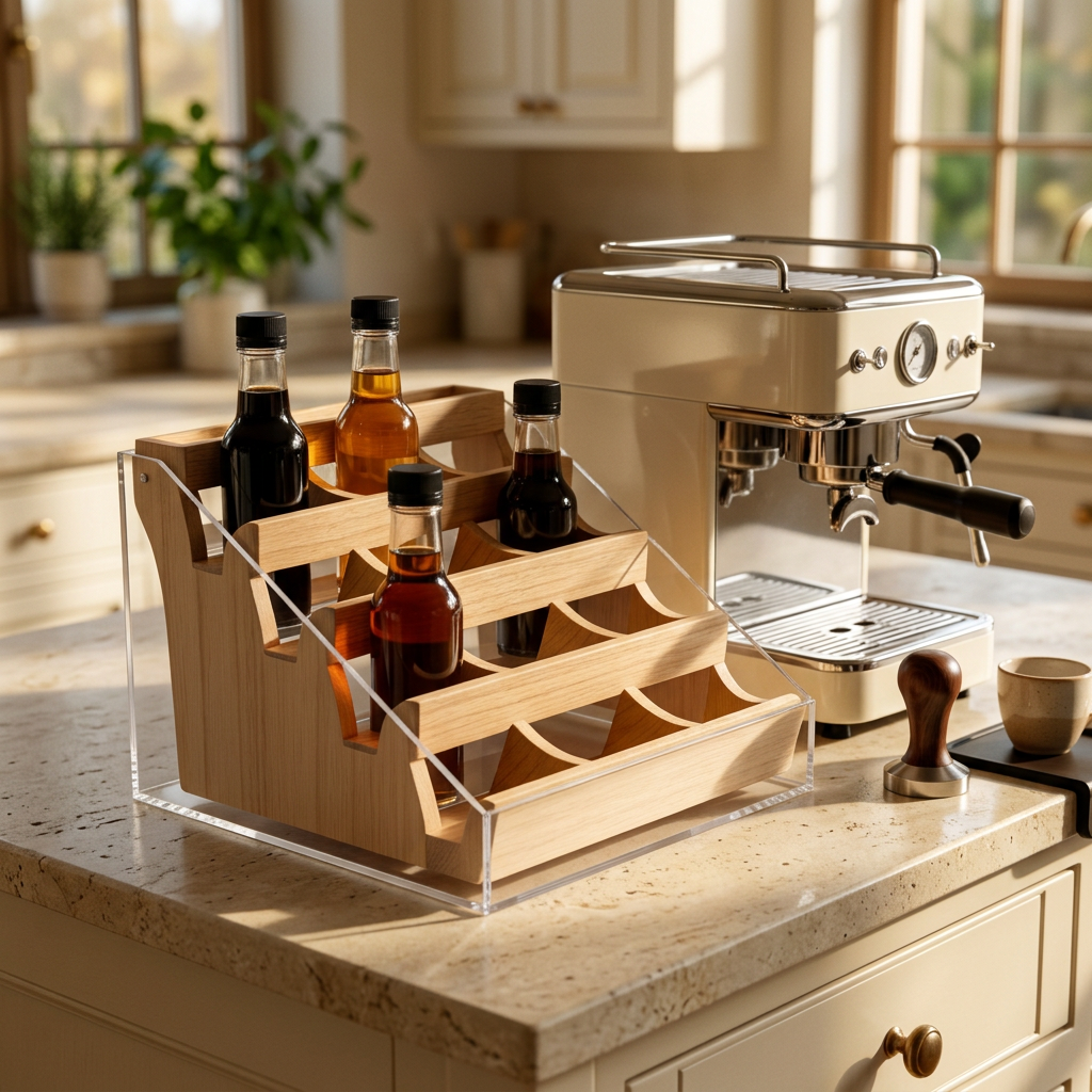 Tiered syrup bottle organizer beside a kitchen coffee machine
