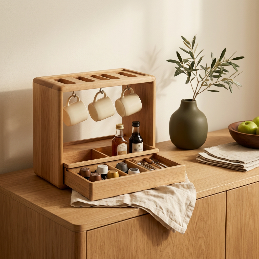 Coffee organizer styled in a breakfast nook