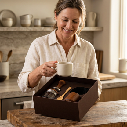 Woman lifting a cream mug from the fitted coffee gift presentation