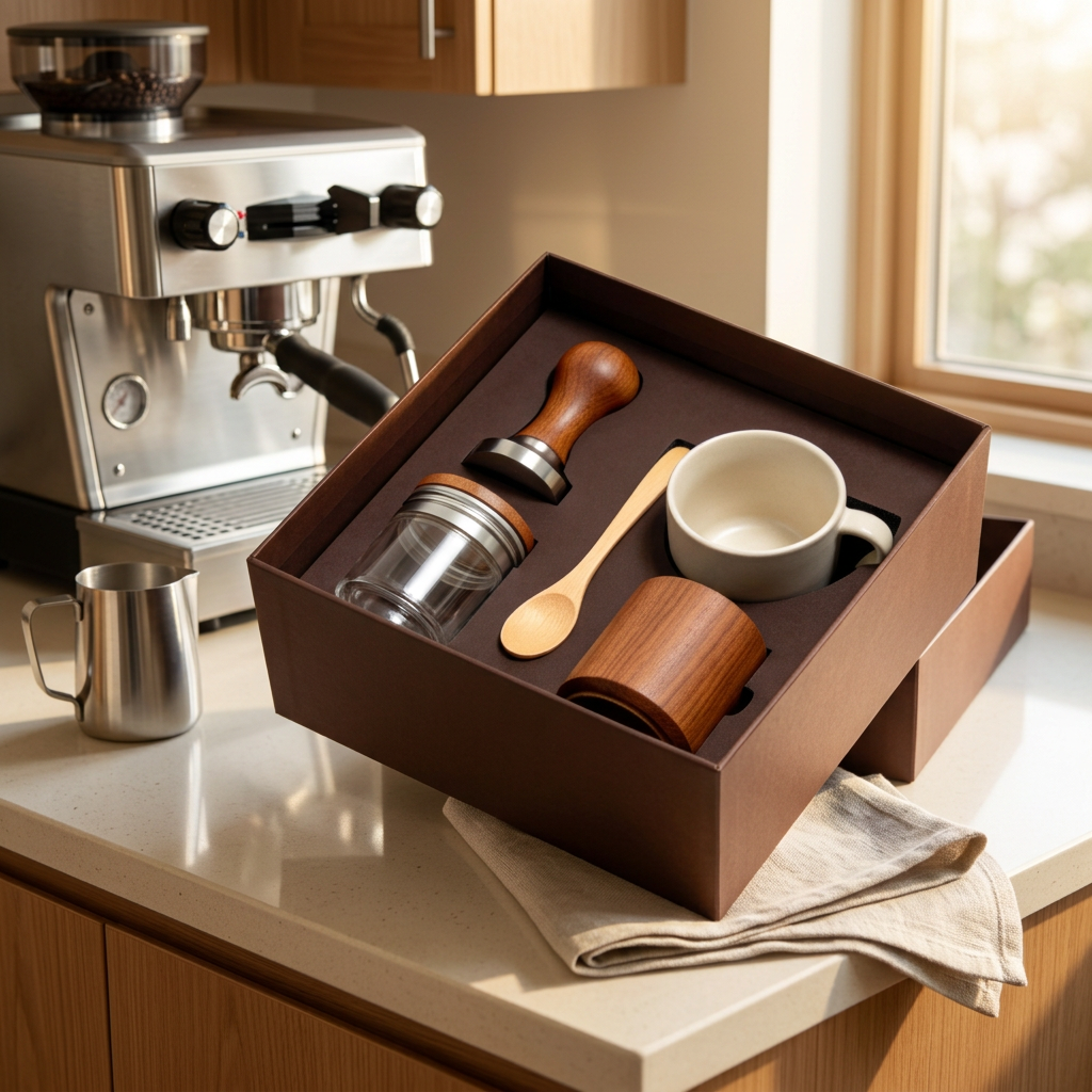 Coffee accessory gift presentation on a kitchen coffee counter